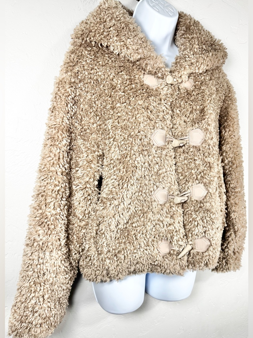 Galita Cozy Khaki Teddy Toggle Jacket with Hood Size Small - Picture 6 of 14